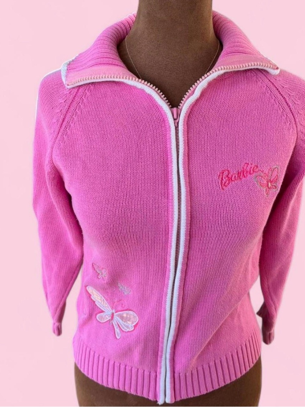 Barbie vintage 90’s Pink Zip-Front Knit Cardigan with Butterfly Motif